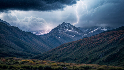 Thunderstorm in the mountains. Landscape of night storm mountains. Sparkling lightning