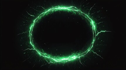 Obraz premium abstract circle of green glowing light particles with lightning sparks on plain black background