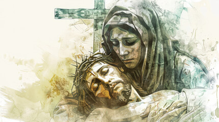 Mother Mary cradling Christ's body in the Sixth Sorrow, with a watercolor cross in the background. Digital illustration.