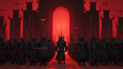 Dark army in black armor stands in formation under a large red archway. The sinister scene exudes an aura of power and intimidation.