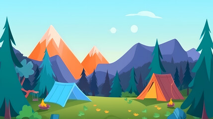 Vector camping tent in the forest.Summer camp with bonfire, tent, backpack . cartoon landscape with mountain, forest and campsite.