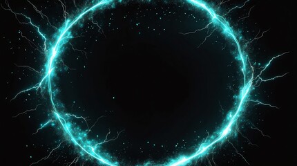 Obraz premium abstract circle of teal glowing light particles with lightning sparks on plain black background