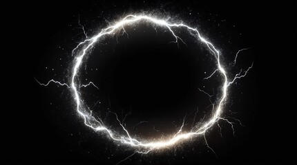 abstract circle of white glowing light particles with lightning sparks on plain black background