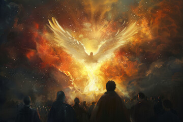 Pentecost. The Holy Spirit descends on the followers. People standing before a bright fire with a white dove in the sky. Digital painting.
