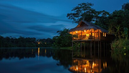 Fototapeta premium Cozy Cabin by the Riverside at Night