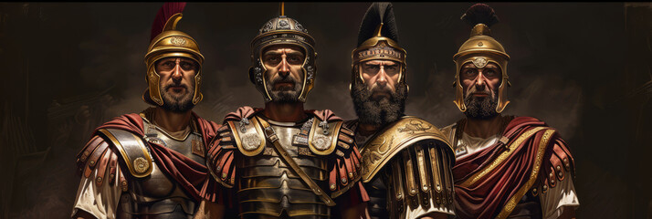Photorealistic depiction of Roman soldiers adorned in armor. Biblical figure. Historical figure.