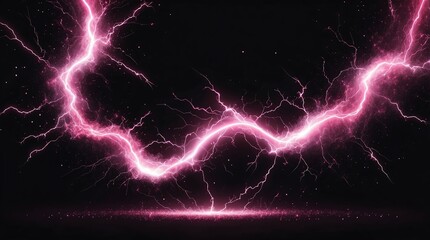 abstract impact of pink glowing light particles with lightning sparks on plain black background