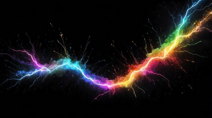 abstract impact of rainbow glowing light particles with lightning sparks on plain black background