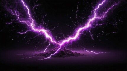 Fototapeta premium abstract impact of purple glowing light particles with lightning sparks on plain black background