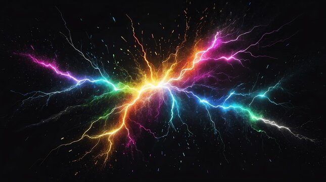 abstract impact of rainbow glowing light particles with lightning sparks on plain black background