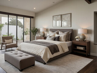 Fototapeta premium Top View of Stylish Cozy Bedroom with Modern Decor