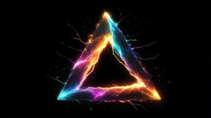 abstract triangle of colorful glowing light particles with lightning sparks on plain black background