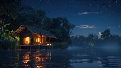 Obraz premium Cozy Cabin by the Riverside at Night