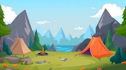 Vector camping tent in the forest.Summer camp with bonfire, tent, backpack . cartoon landscape with mountain, forest and campsite.