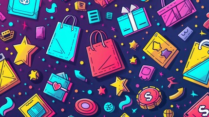 Cartoon vector illustration of a Cyber Monday sale with a background of colorful discount stickers and shopping icons cartoon Vector Illustration Generative AI