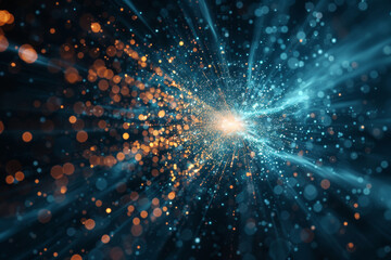 Fototapeta premium Abstract light trails with glowing particles in blue and orange creating a dynamic and vibrant energy pattern. Perfect for tech or creative visuals.