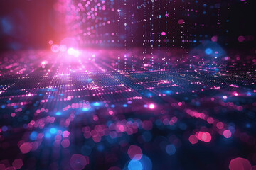 Fototapeta premium Abstract digital landscape with neon pink and blue lights, representing a futuristic concept of technology, data networks, and virtual reality.