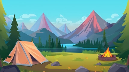 Vector camping tent in the forest.Summer camp with bonfire, tent, backpack . cartoon landscape with mountain, forest and campsite.