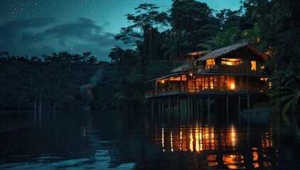 Fototapeta premium a image of a house on stilts in the middle of a lake