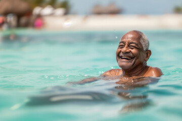 A cheerful older African American man enjoying a refreshing swim in a beach with crystal blue waters, smiling and relaxed, under a bright sunny sky, enjoying his vacation destination