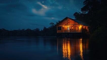 Riverside Cabin Under Starry Sky
