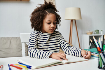 A young girl of African American descent sits at a table, engrossed in writing in a notebook