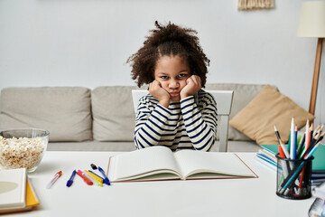 A little girl engrossed in a book at a table, feeling bored