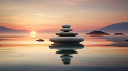 Minimalist Zen garden at dawn, harmonious balance of nature and simplicity, smooth stones, tranquil water, soft morning light