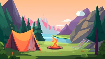 Vector camping tent in the forest.Summer camp with bonfire, tent, backpack . cartoon landscape with mountain, forest and campsite.