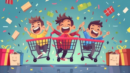 Cartoon vector illustration of excited shoppers on Cyber Monday with shopping carts full of items cartoon Vector Illustration Generative AI