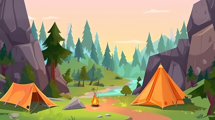 Vector camping tent in the forest.Summer camp with bonfire, tent, backpack . cartoon landscape with mountain, forest and campsite.