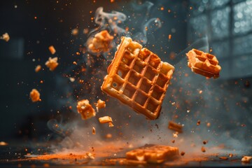 A freshly baked waffle emerges, surrounded by a chaotic scene of smoking fragments resembling burning meteorites hurtling through space in a galactic spectacle.