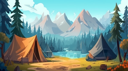 Vector camping tent in the forest.Summer camp with bonfire, tent, backpack . cartoon landscape with mountain, forest and campsite.
