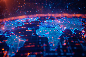 Abstract digital world map with glowing connections and data points, representing global network and technology. Futuristic background with bokeh effect.