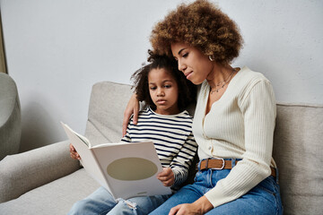A happy African American mother and daughter sit on a couch, reading a book together, enjoying...