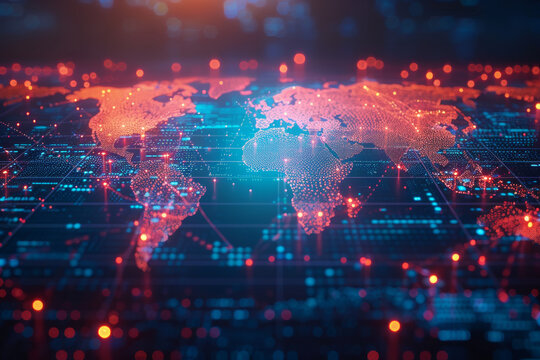 Futuristic digital world map with glowing lines and nodes, representing global connectivity and technology advancements.