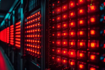 Closeup of a server rack with red lights, showcasing data processing and technology.