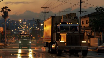 A yellow truck is driving down a street in a city