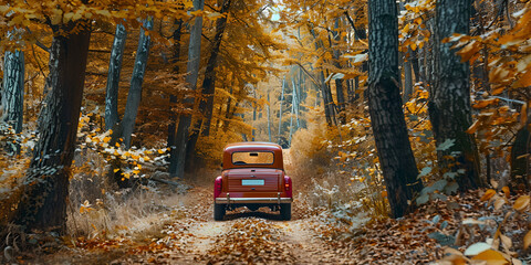 Car driving in the early autumn leaves in the forest