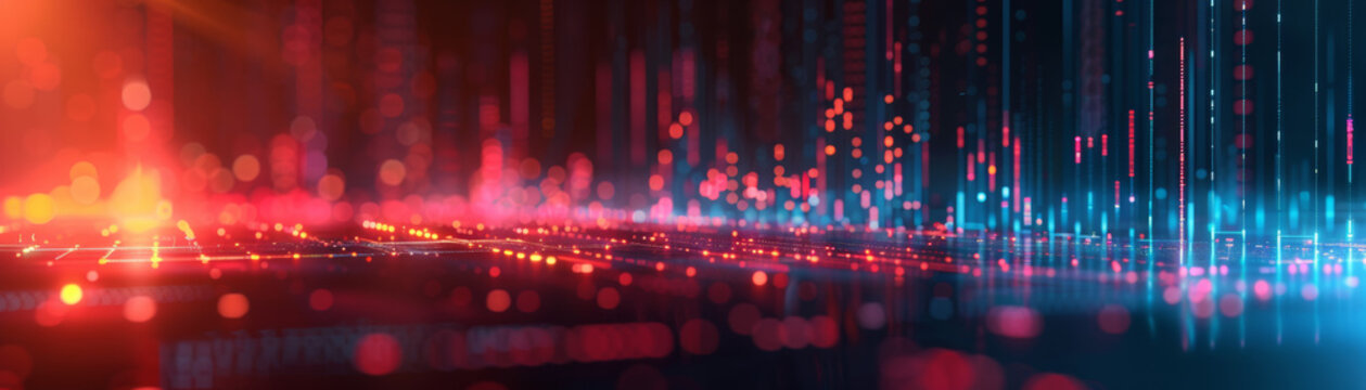 Futuristic digital landscape with glowing particles, red and blue lights, and dynamic data streams. Perfect for technology and innovation themes.