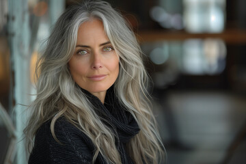 Obraz premium Portrait of an elegant mature woman with grey hair, confidence and beauty. Skin care and wellness concept, copy space