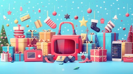 Cartoon vector illustration of a Cyber Monday advertisement with digital gadgets, sale tags, and festive decorations cartoon Vector Illustration Generative AI