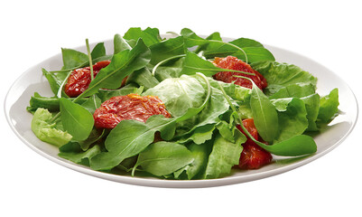 prato com salada de alface, rúcula e tomate seco isolado em fundo transparente
