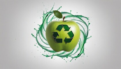 A fresh, vibrant green apple featuring a prominent recycle symbol 