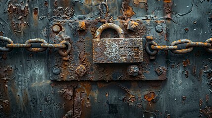 A close-up shot of a robust padlock and chains, both rusting, on a dilapidated metal door, highlighting the rough textures and decay