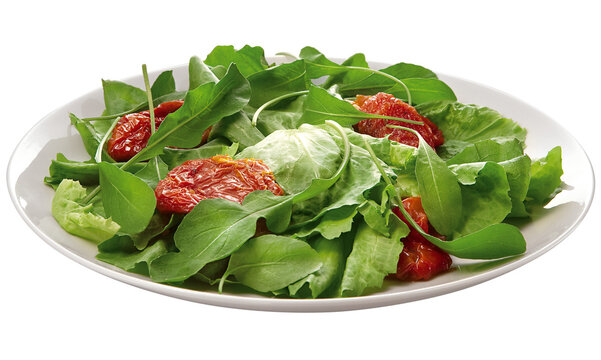 prato com salada de alface, r&uacute;cula e tomate seco isolado em fundo transparente