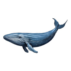 A blue whale swimming isolated on a white background with ocean waves and splashes