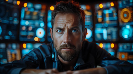 bearded man sitting at a desk, surrounded by digital screens displaying data, orange lights in the background, futuristic office