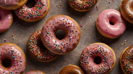 ring doughnut pile dusted with sprinkles. Isolated on transparent, chocolate-covered donuts with pink frosting.