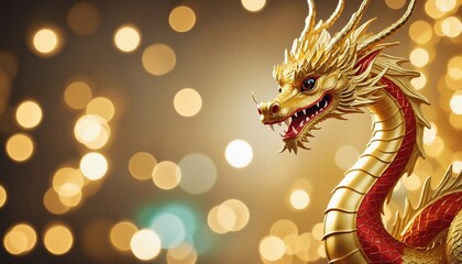 Obraz premium Golden chinese dragon on bokeh lights background and with sparkling